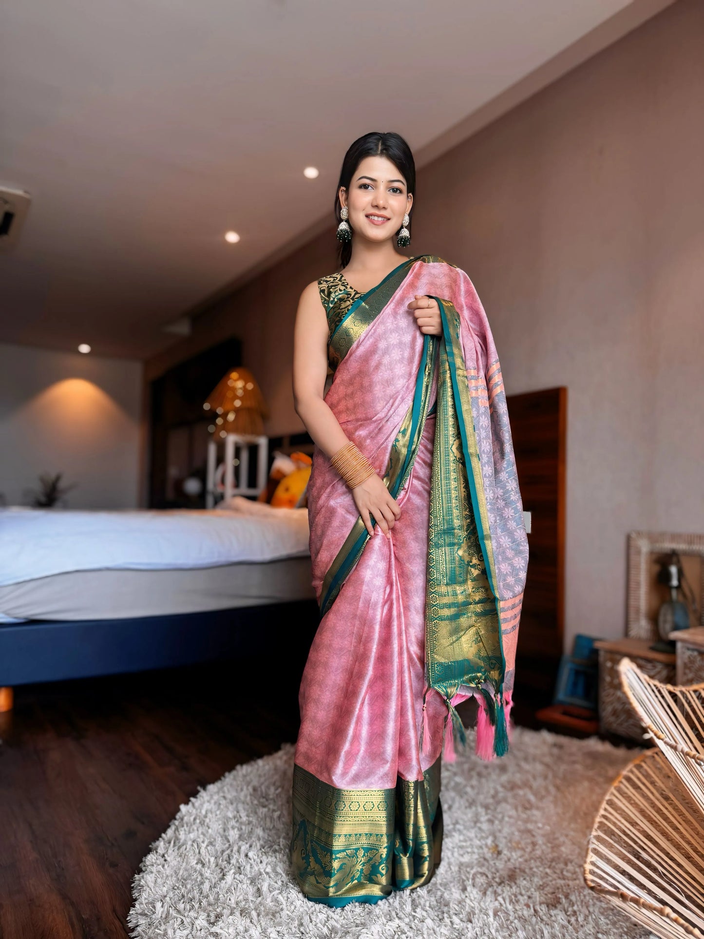 Peach Pink Kanjivaram Silk Saree with Teal Green Peacock Border & Rich Zari Pallu