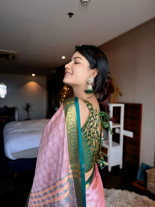 Peach Pink Kanjivaram Silk Saree with Teal Green Peacock Border & Rich Zari Pallu