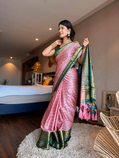 Peach Pink Kanjivaram Silk Saree with Teal Green Peacock Border & Rich Zari Pallu
