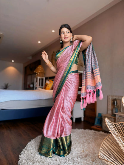 Peach Pink Kanjivaram Silk Saree with Teal Green Peacock Border & Rich Zari Pallu