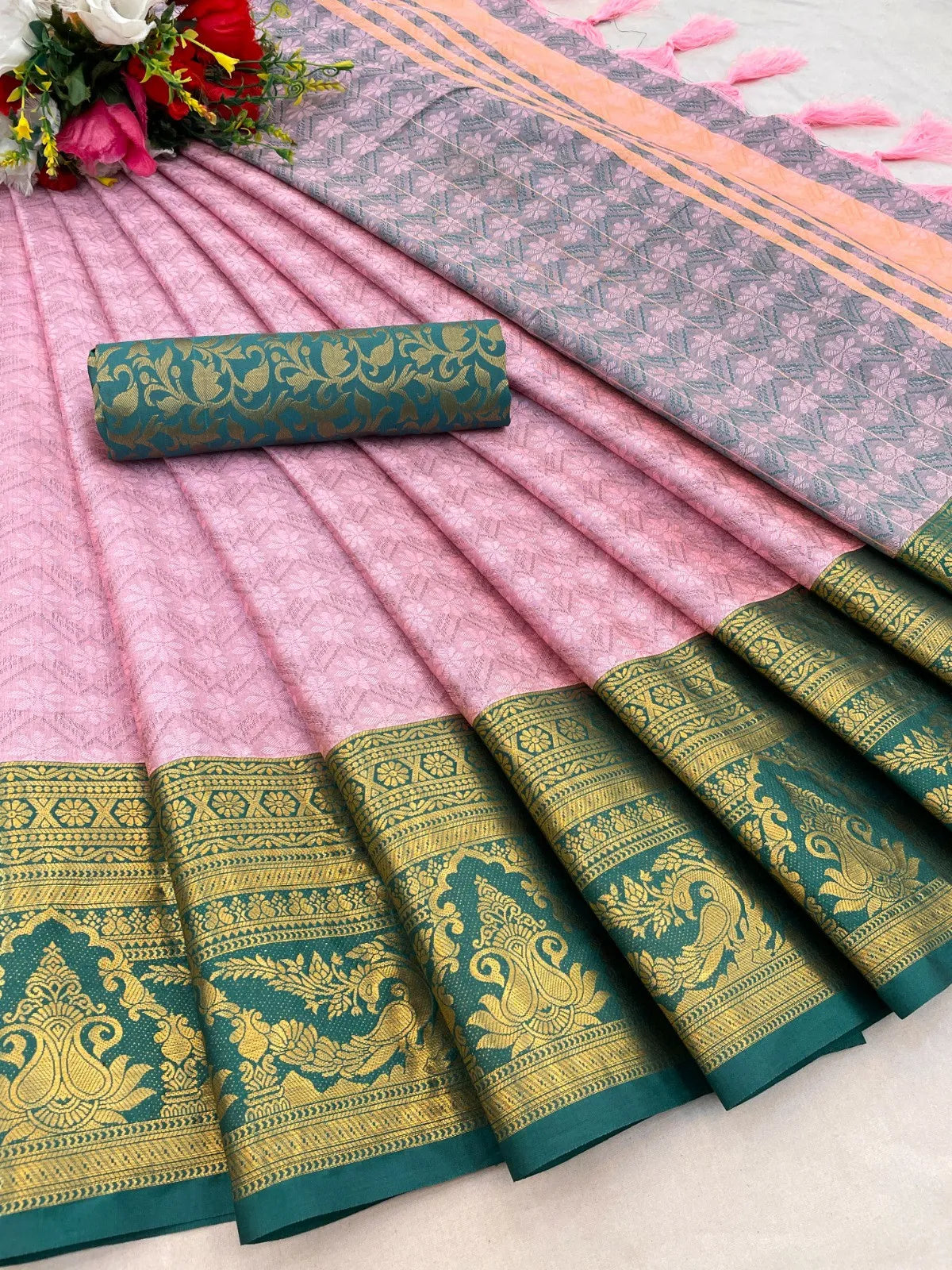 Peach Pink Kanjivaram Silk Saree with Teal Green Peacock Border & Rich Zari Pallu