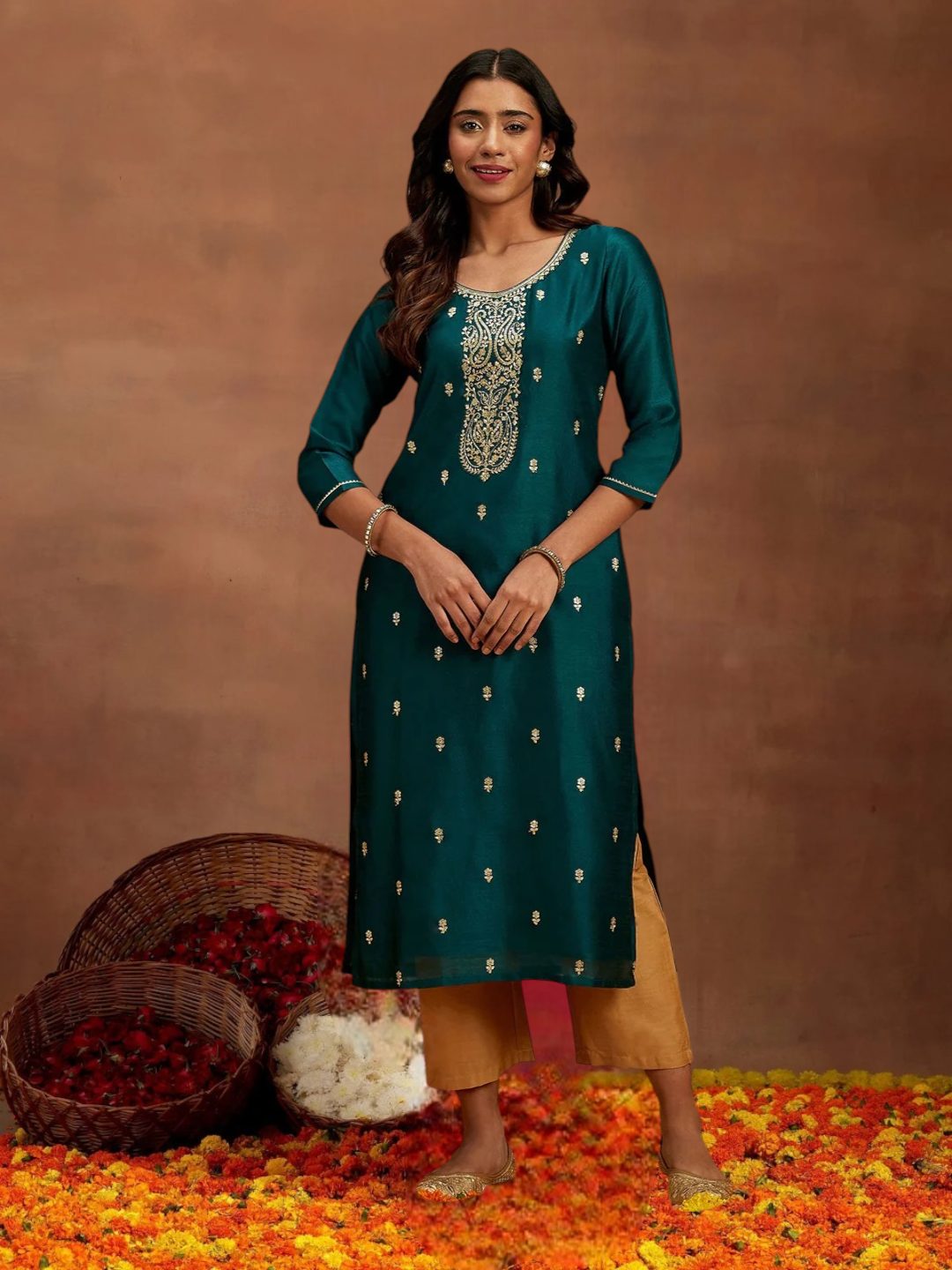 Teal Gold Embroidered Silk Straight Kurti