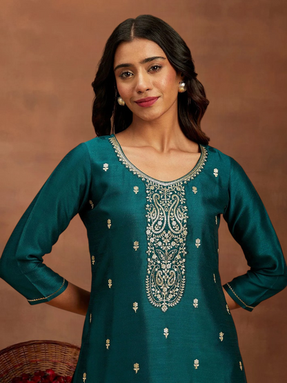 Teal Gold Embroidered Silk Straight Kurti