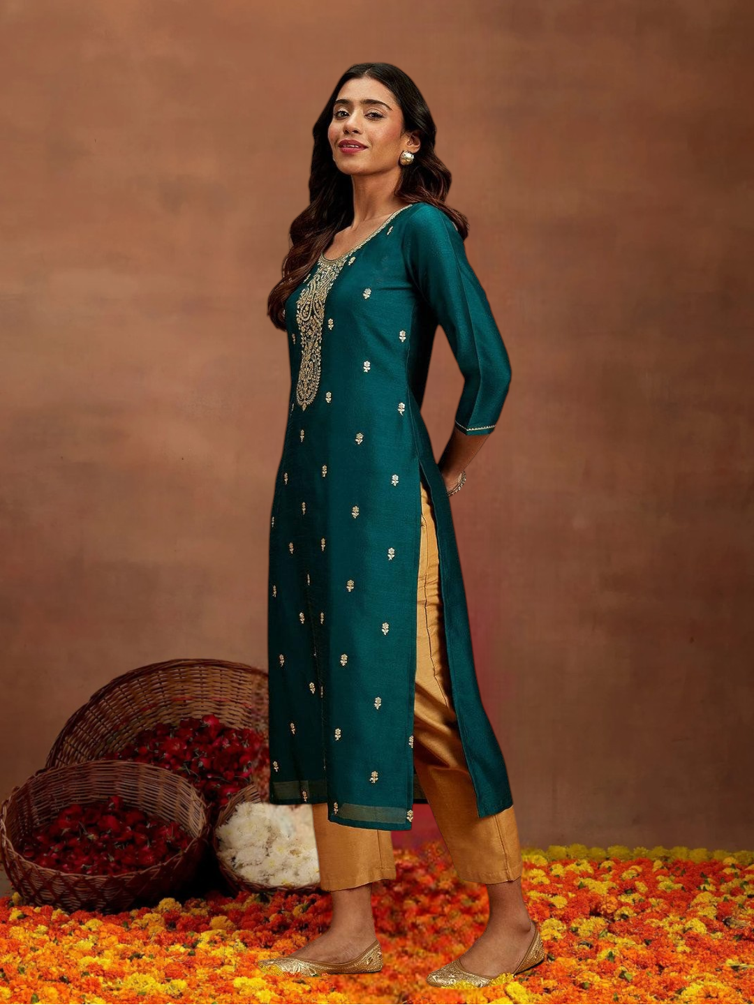 Teal Gold Embroidered Silk Straight Kurti