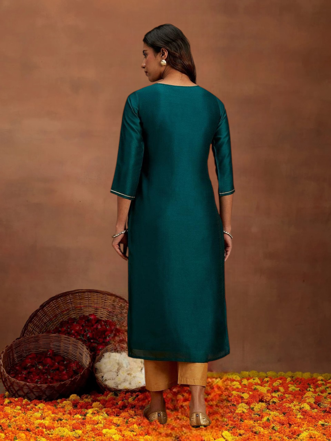 Teal Gold Embroidered Silk Straight Kurti