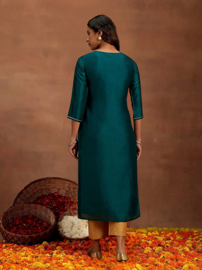 Teal Gold Embroidered Silk Straight Kurti
