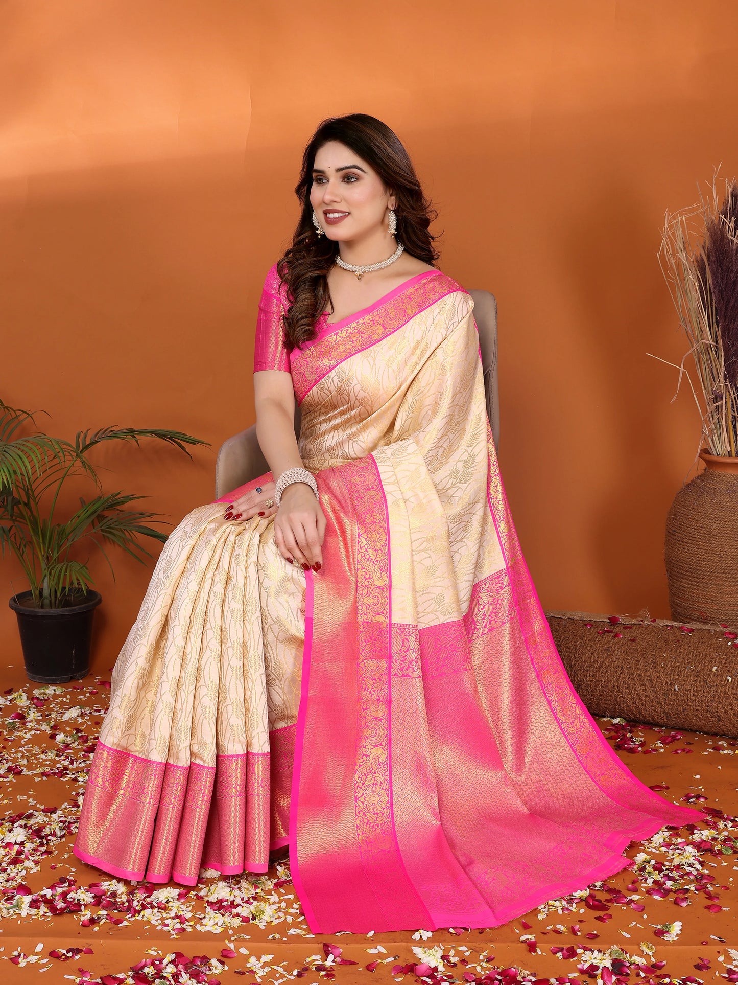 Cream Banarasi Silk Saree with Rani Pink Zari Border & Floral Weaving