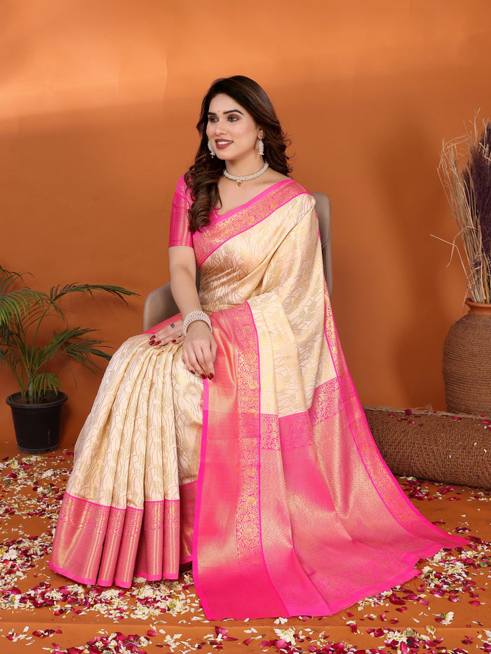 Cream Banarasi Silk Saree with Rani Pink Zari Border & Floral Weaving