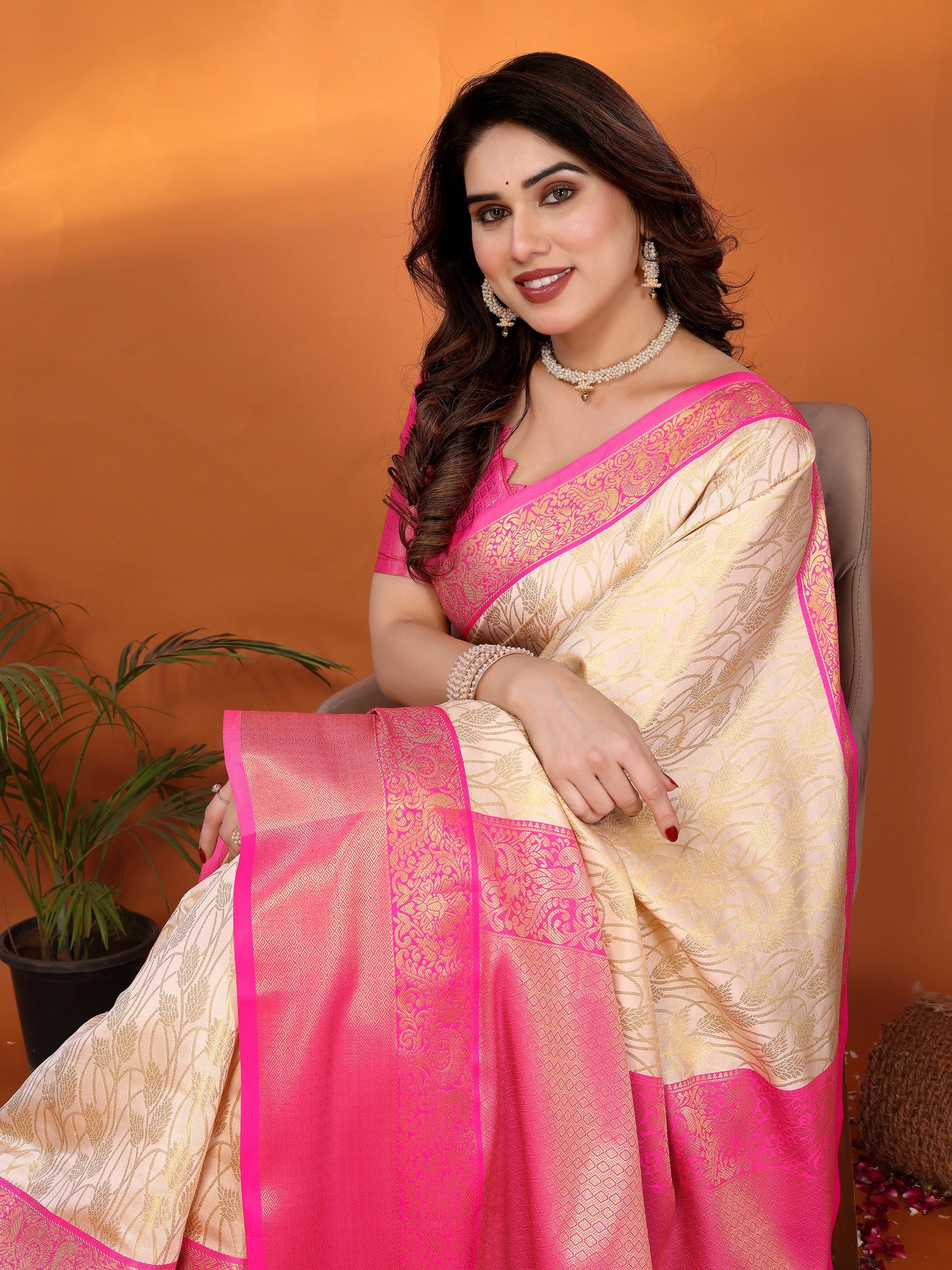 Cream Banarasi Silk Saree with Rani Pink Zari Border & Floral Weaving