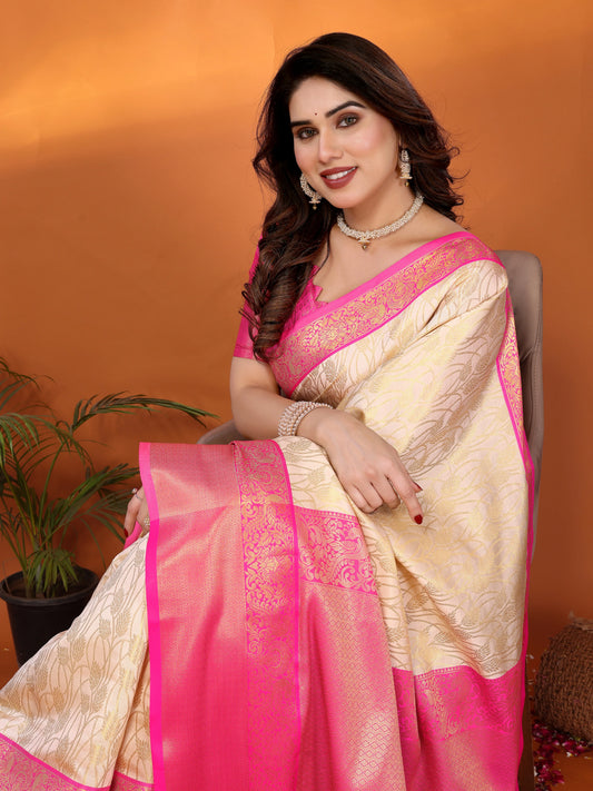 Cream Banarasi Silk Saree with Rani Pink Zari Border & Floral Weaving