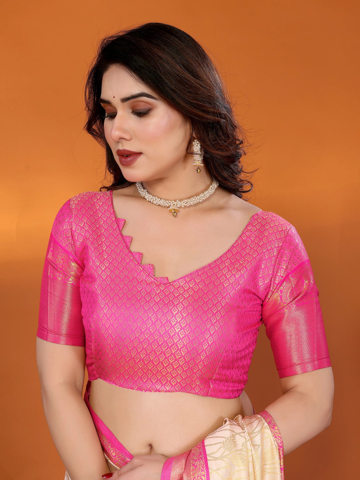 Cream Banarasi Silk Saree with Rani Pink Zari Border & Floral Weaving