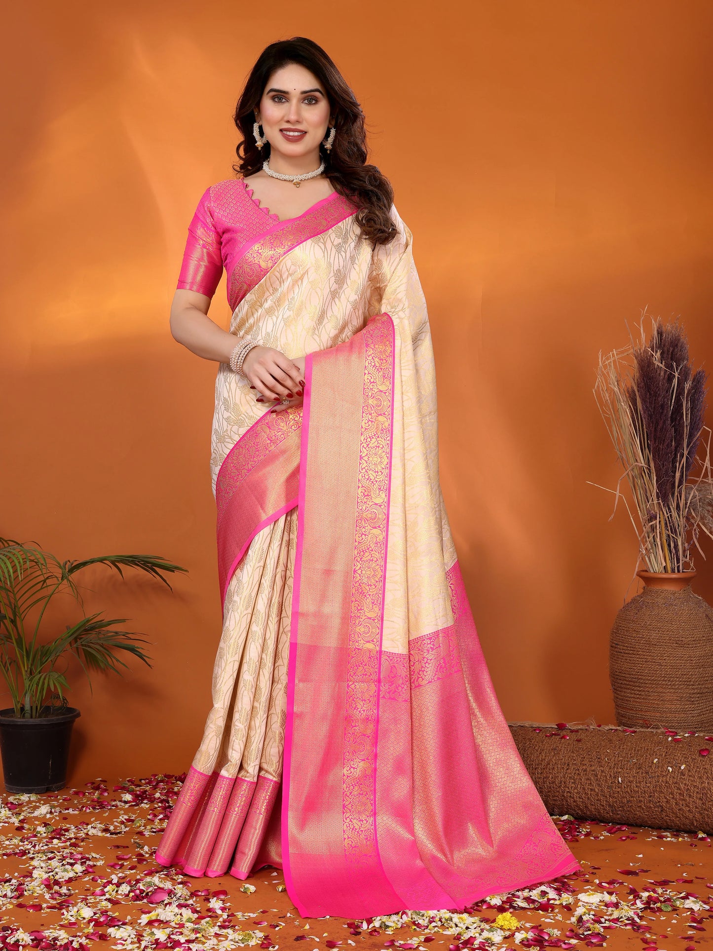 Cream Banarasi Silk Saree with Rani Pink Zari Border & Floral Weaving