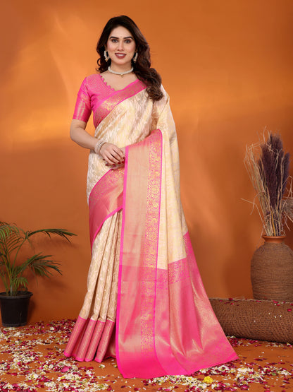 Cream Banarasi Silk Saree with Rani Pink Zari Border & Floral Weaving