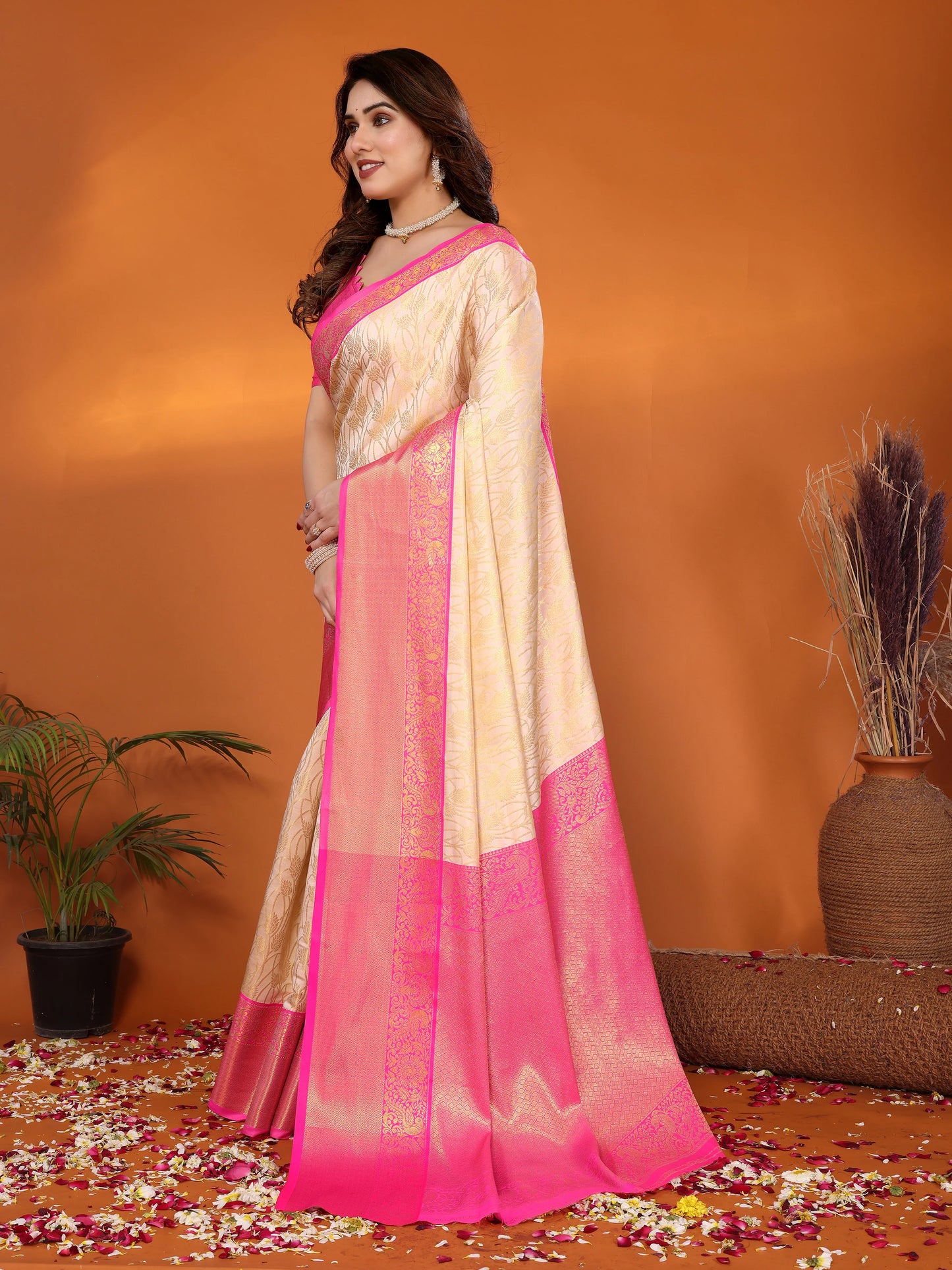 Cream Banarasi Silk Saree with Rani Pink Zari Border & Floral Weaving