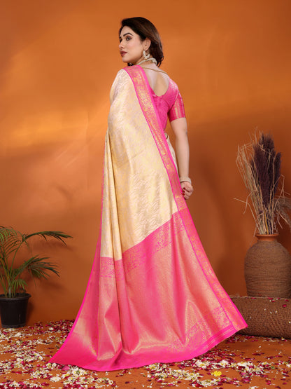 Cream Banarasi Silk Saree with Rani Pink Zari Border & Floral Weaving