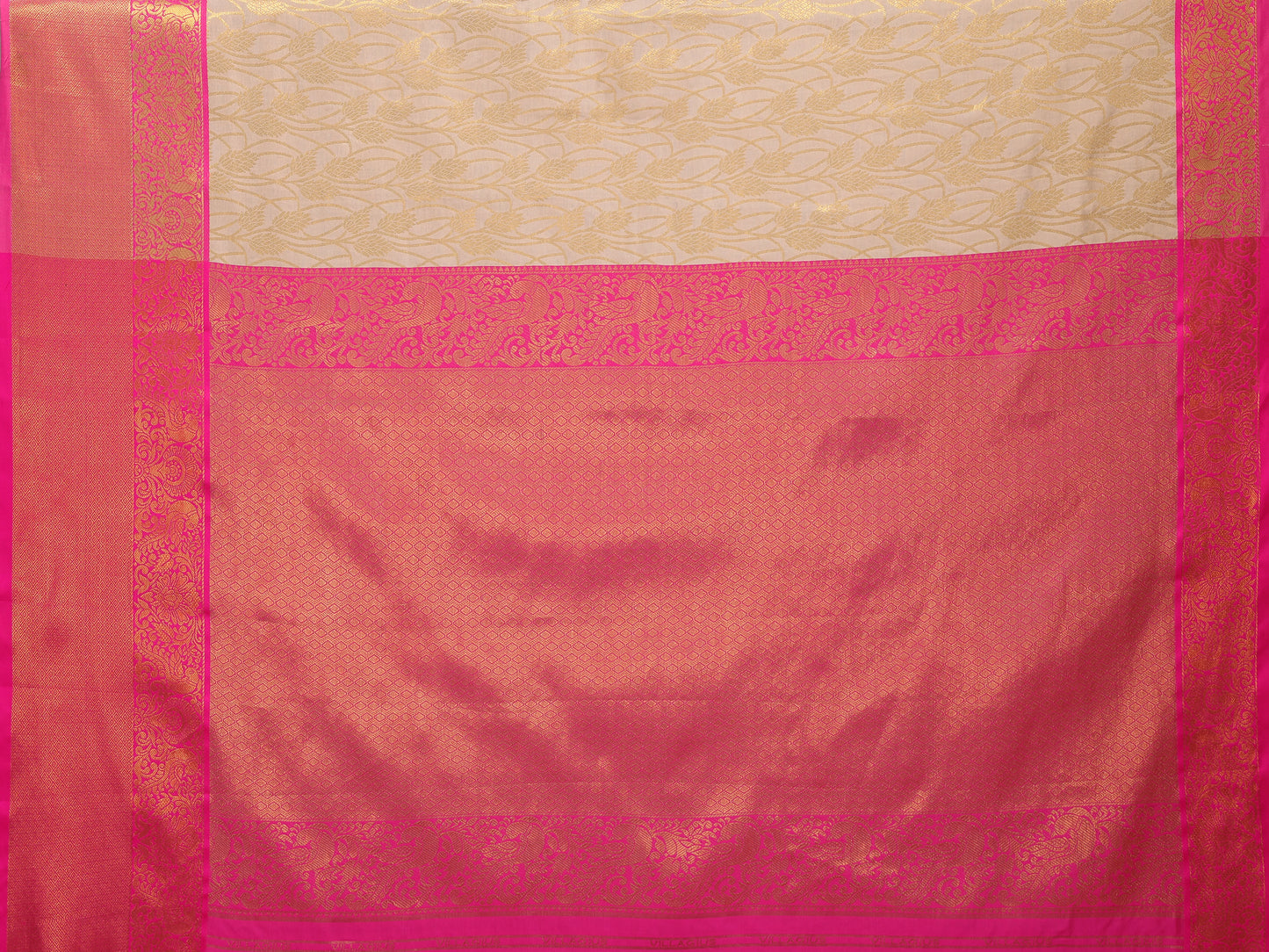 Cream Banarasi Silk Saree with Rani Pink Zari Border & Floral Weaving