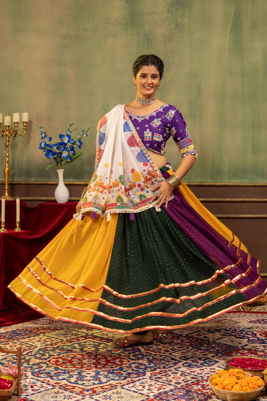 Multicolor Navratri Lehenga Choli with Mirror Work & Printed Dupatta