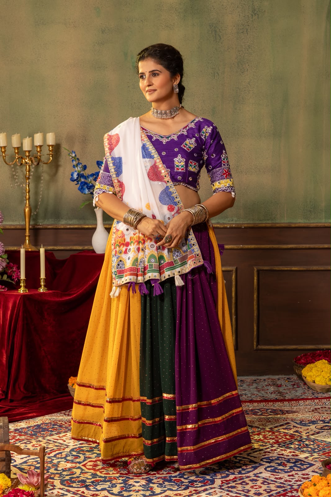 Multicolor Navratri Lehenga Choli with Mirror Work & Printed Dupatta