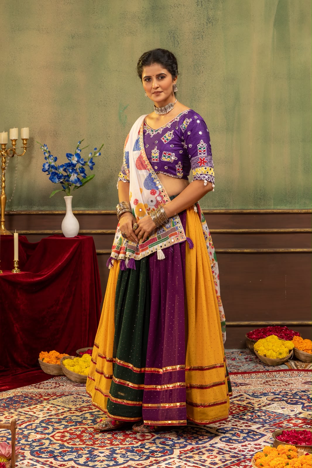 Multicolor Navratri Lehenga Choli with Mirror Work & Printed Dupatta