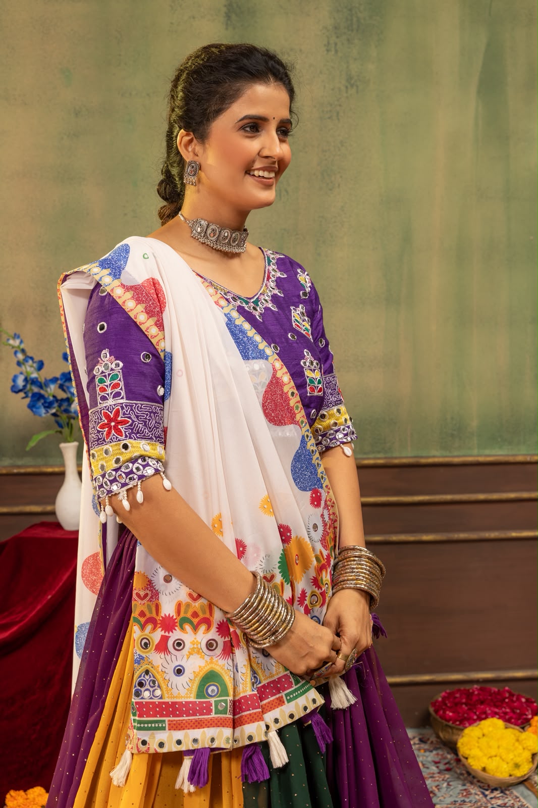 Multicolor Navratri Lehenga Choli with Mirror Work & Printed Dupatta