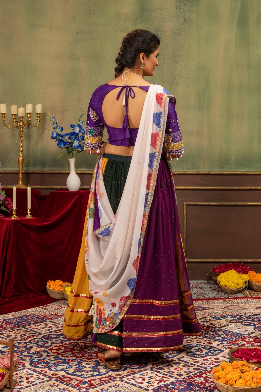 Multicolor Navratri Lehenga Choli with Mirror Work & Printed Dupatta
