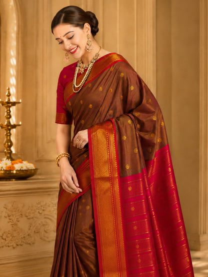 Coffee Brown Cotton Silk Saree with Red Zari Border & Contrast Red Blouse