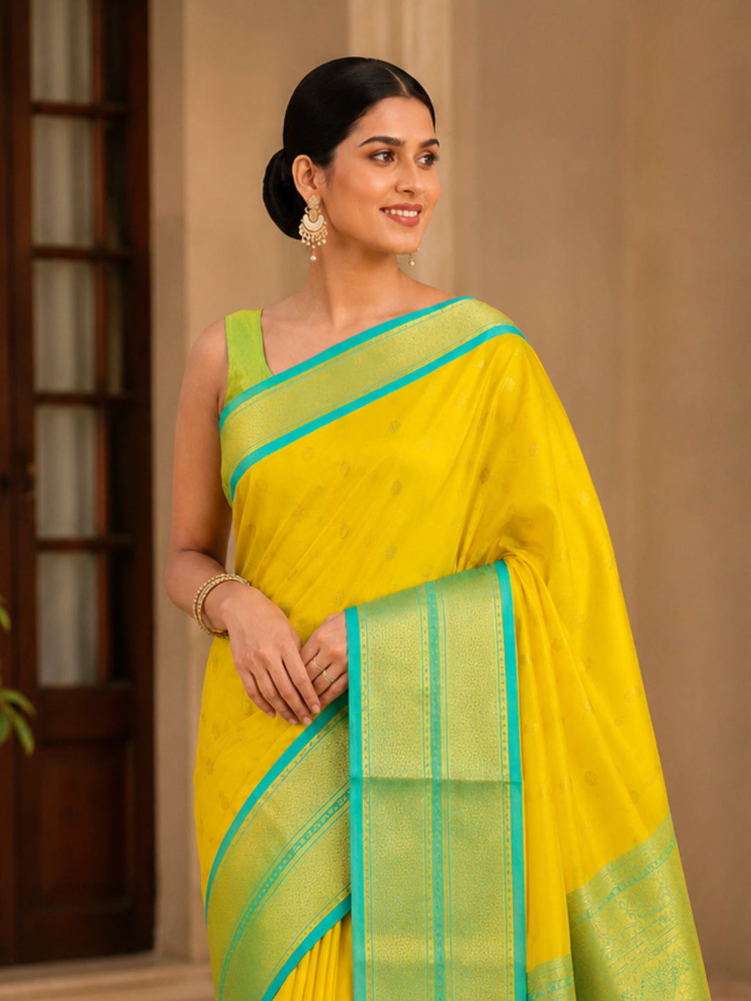 Sunshine Yellow Cotton Silk Saree with Aqua Blue Zari Border & Contrast Mint Blouse