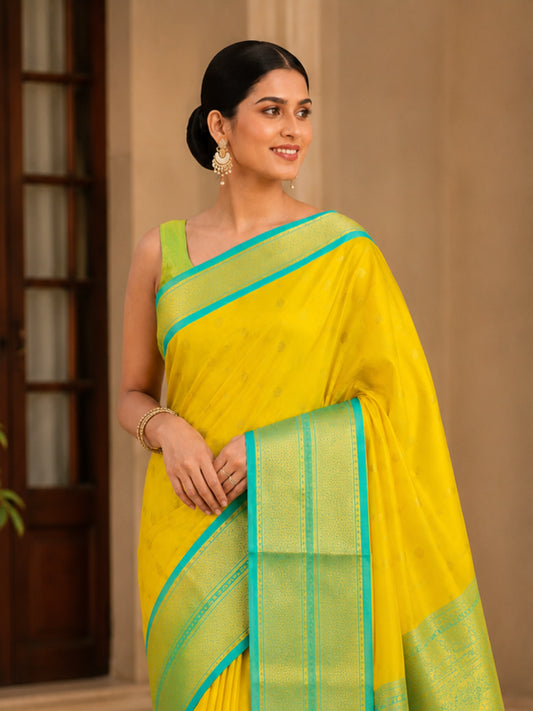 Sunshine Yellow Cotton Silk Saree with Aqua Blue Zari Border & Contrast Mint Blouse