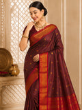 Wine Purple Cotton Silk Saree with Gold Zari Butti & Contrast Magenta Border