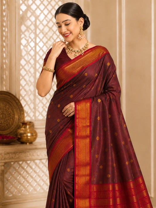 Wine Purple Cotton Silk Saree with Gold Zari Butti & Contrast Magenta Border