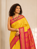 Golden Yellow Cotton Silk Saree with Rani Pink Zari Border & Peach Contrast Blouse
