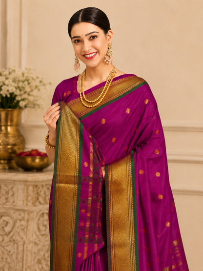 Magenta Pink Cotton Silk Saree with Gold Zari Butti & Green Contrast Border