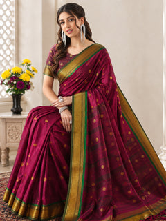 Rani Pink Cotton Silk Saree with Gold Zari Butti & Contrast Brown Pallu