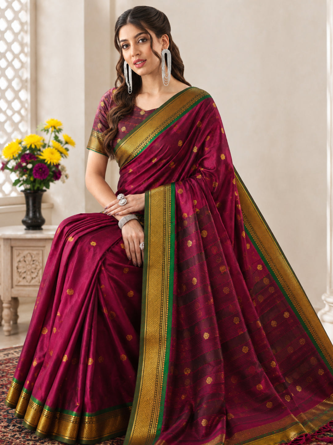 Rani Pink Cotton Silk Saree with Gold Zari Butti & Contrast Brown Pallu