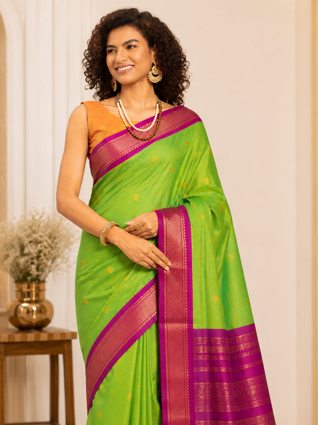 Parrot Green Cotton Silk Saree with Pink Zari Border & Contrast Orange Pallu