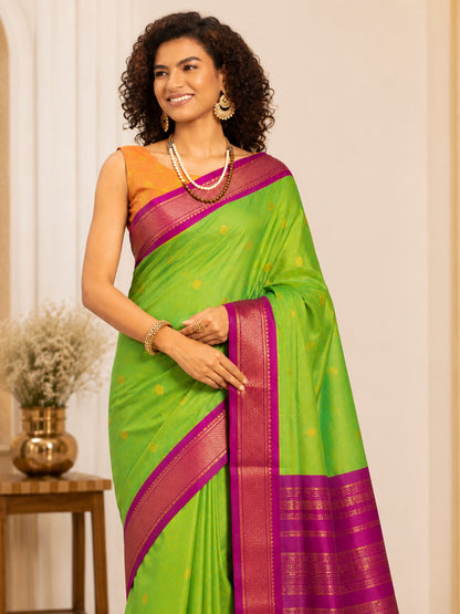 Parrot Green Cotton Silk Saree with Pink Zari Border & Contrast Orange Pallu