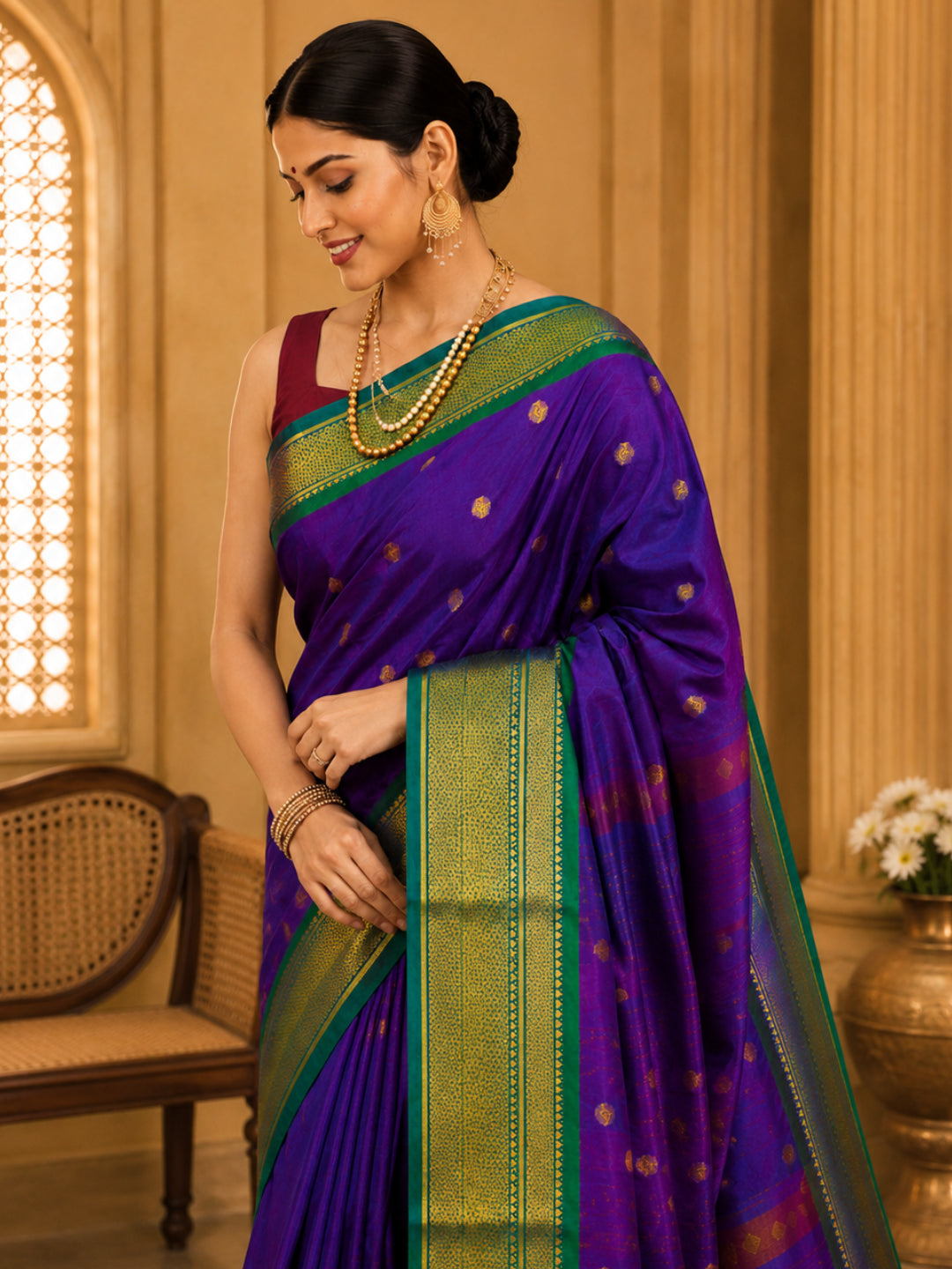 Royal Purple Cotton Silk Saree with Emerald Green Zari Border & Contrast Maroon Blouse