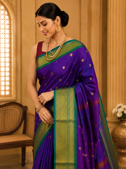 Royal Purple Cotton Silk Saree with Emerald Green Zari Border & Contrast Maroon Blouse