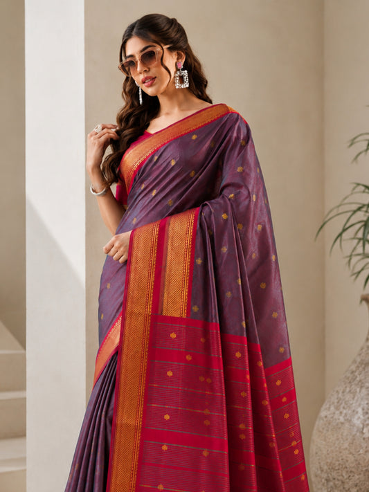 Smoky Grey Cotton Silk Saree with Ruby Red Zari Border & Contrast Red Blouse