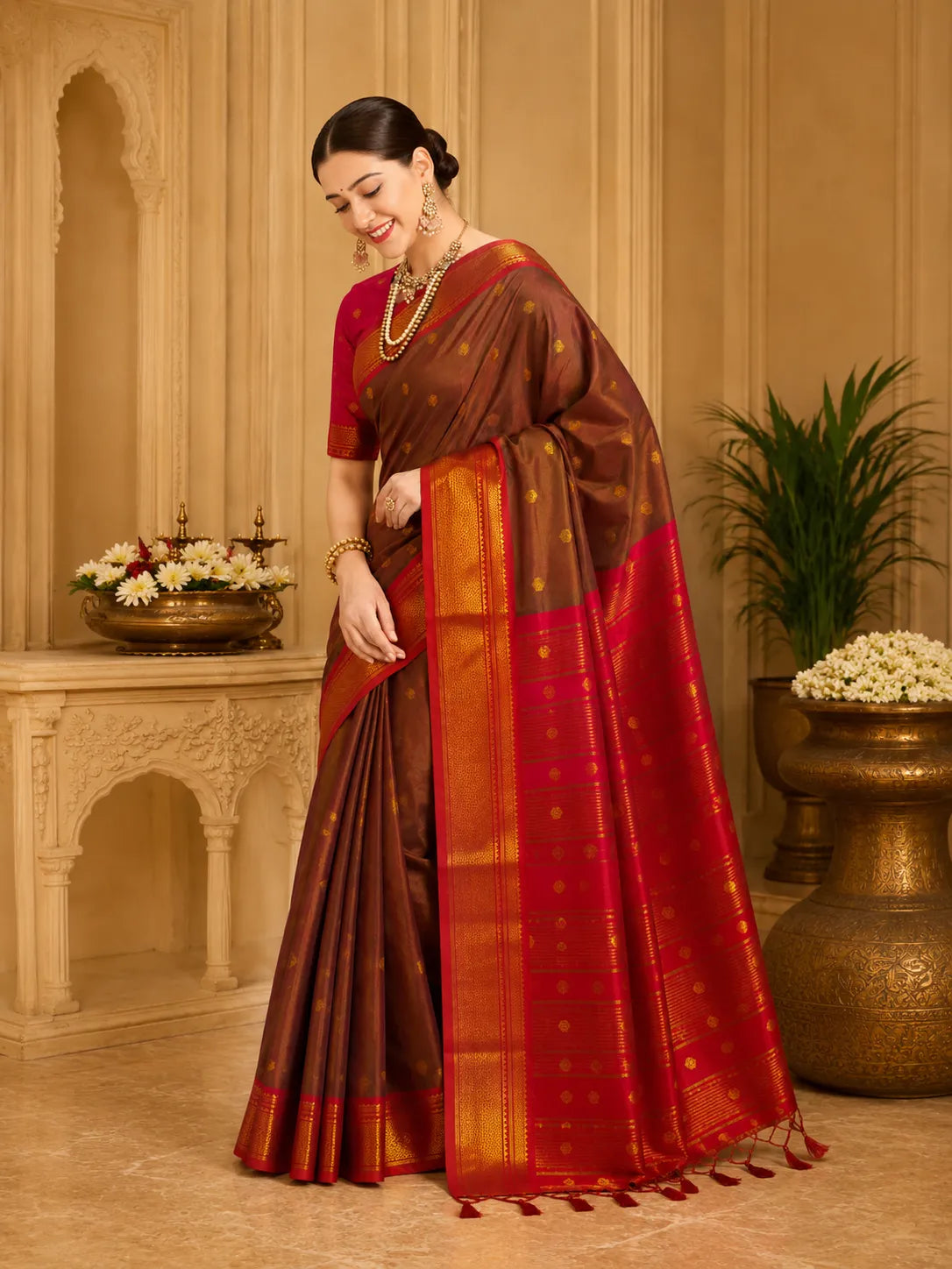 Coffee Brown Cotton Silk Saree with Red Zari Border & Contrast Red Blouse