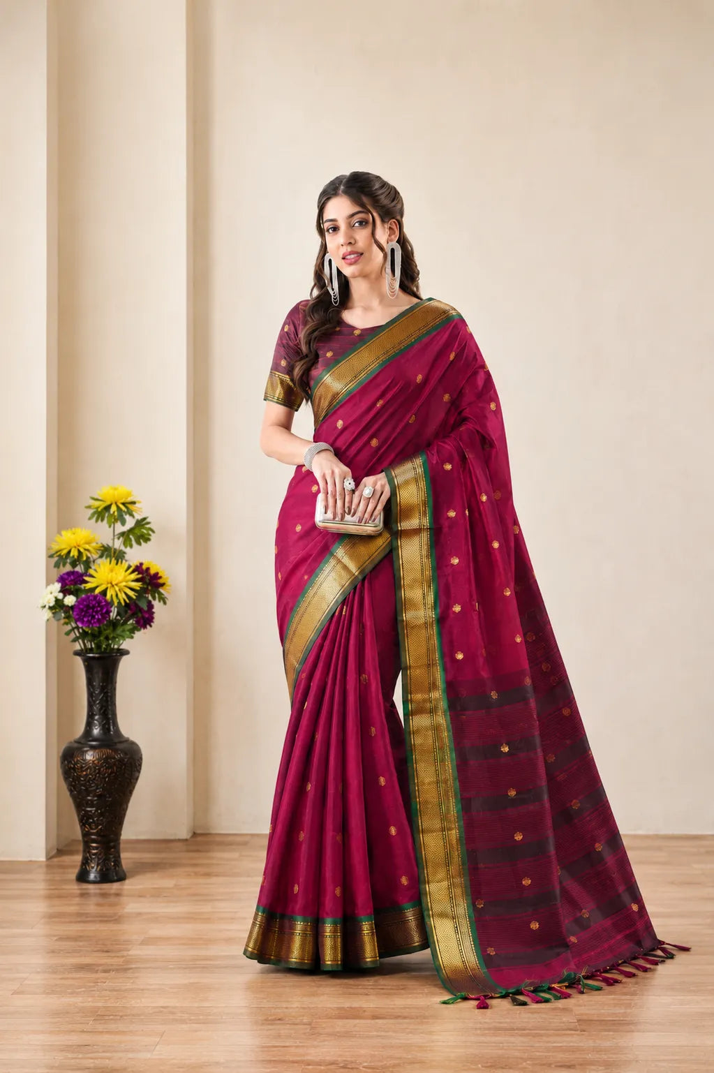Rani Pink Cotton Silk Saree with Gold Zari Butti & Contrast Brown Pallu