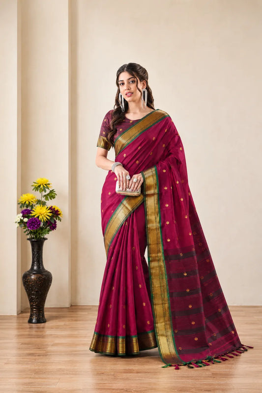 Rani Pink Cotton Silk Saree with Gold Zari Butti & Contrast Brown Pallu