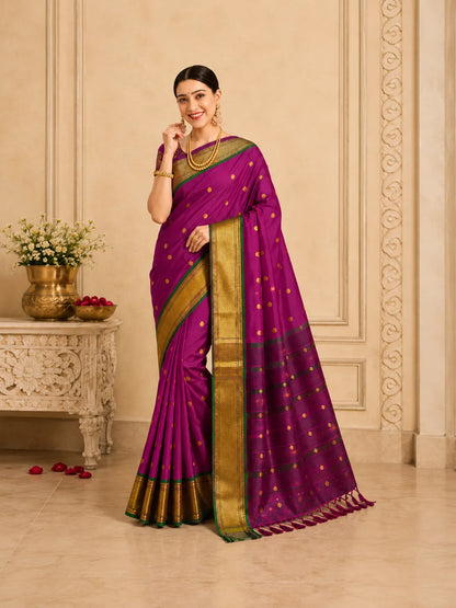 Magenta Pink Cotton Silk Saree with Gold Zari Butti & Green Contrast Border