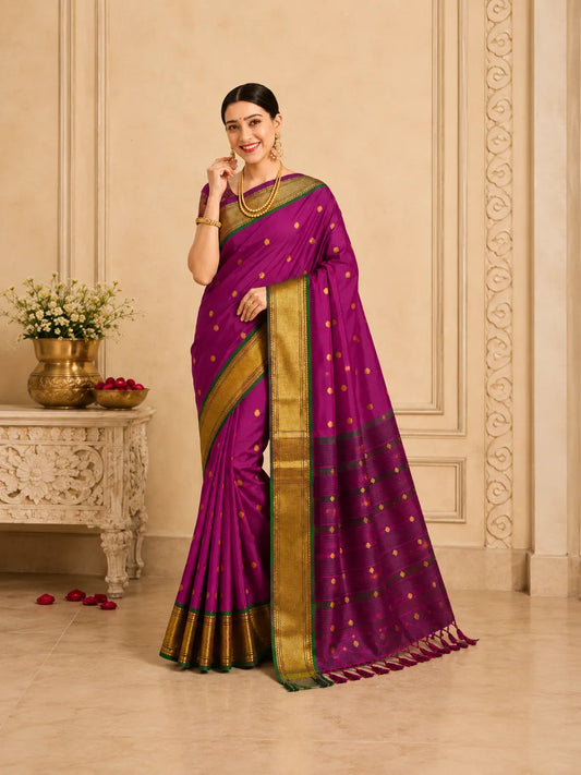 Magenta Pink Cotton Silk Saree with Gold Zari Butti & Green Contrast Border