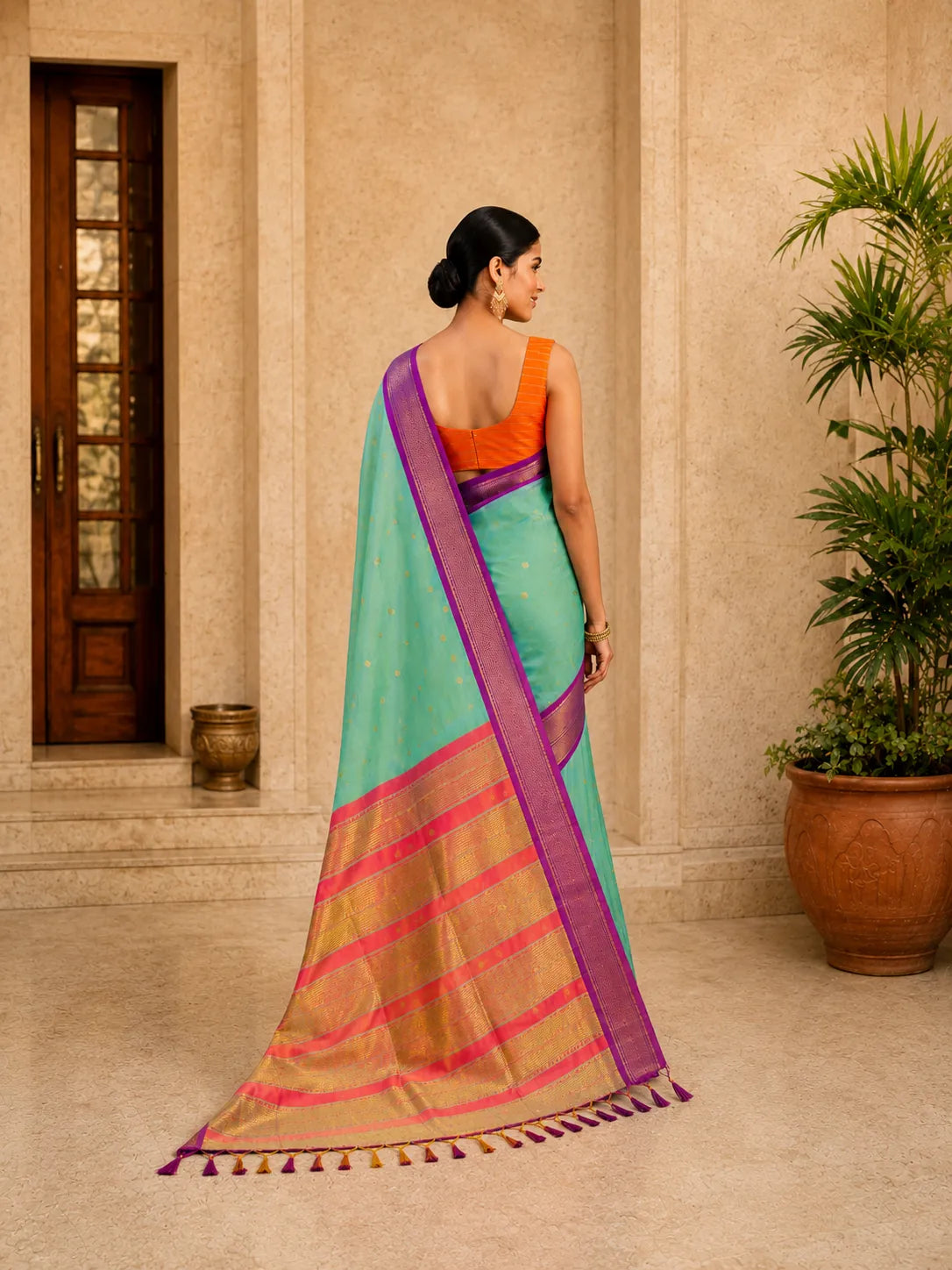 Mint Green Cotton Silk Saree with Gold Butti & Magenta Zari Border