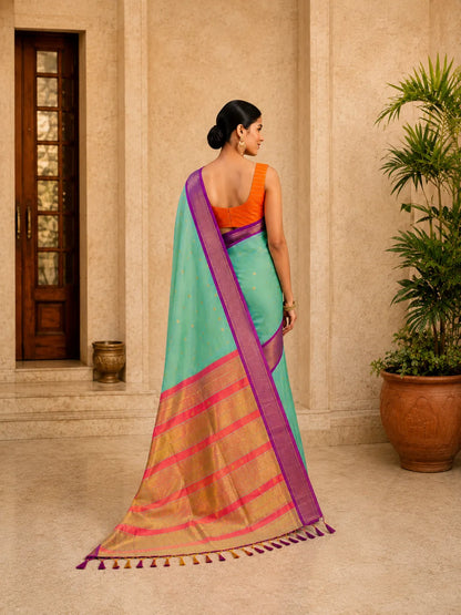 Mint Green Cotton Silk Saree with Gold Butti & Magenta Zari Border