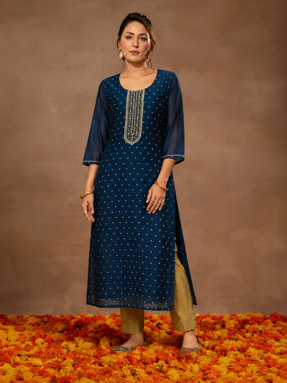 Navy Blue Gold Embroidered Jacquard Straight Kurti