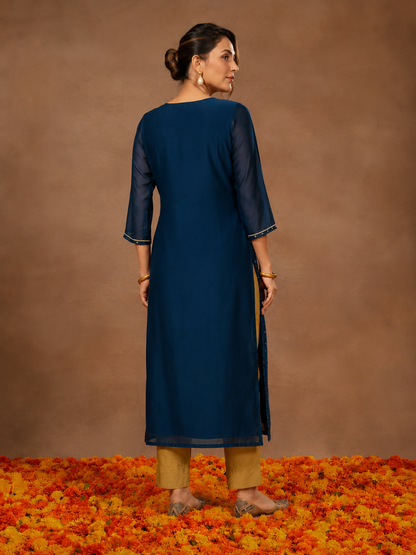 Navy Blue Gold Embroidered Jacquard Straight Kurti
