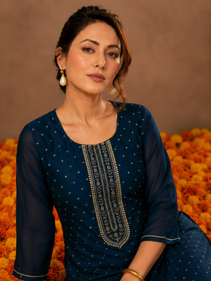 Navy Blue Gold Embroidered Jacquard Straight Kurti