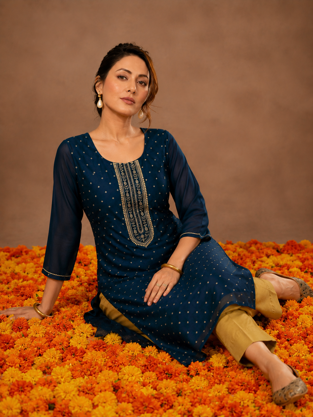 Navy Blue Gold Embroidered Jacquard Straight Kurti